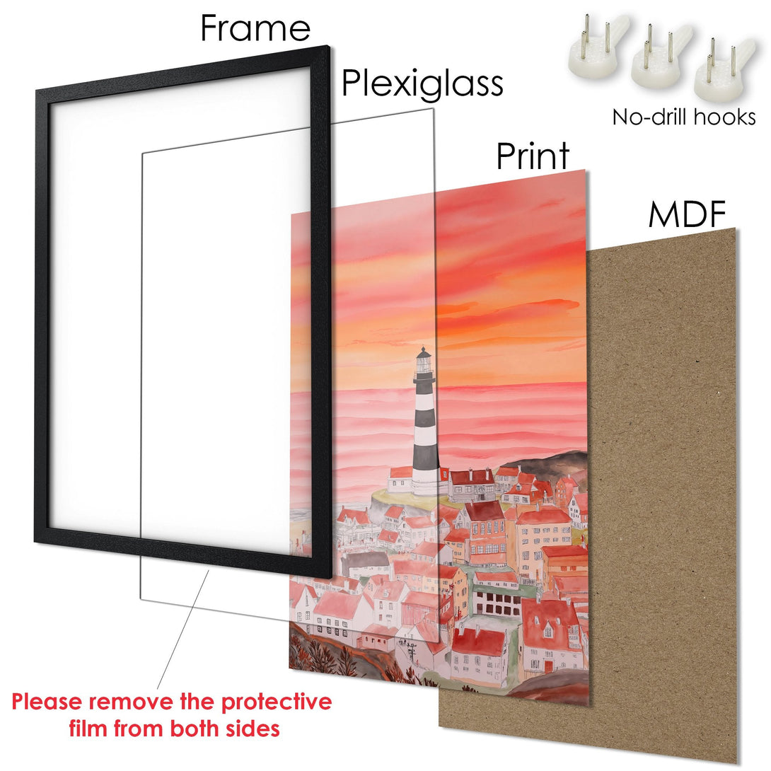 Framed Poster of a coastal town in watercolor style, warm sunset color palette. Perfect wall art!