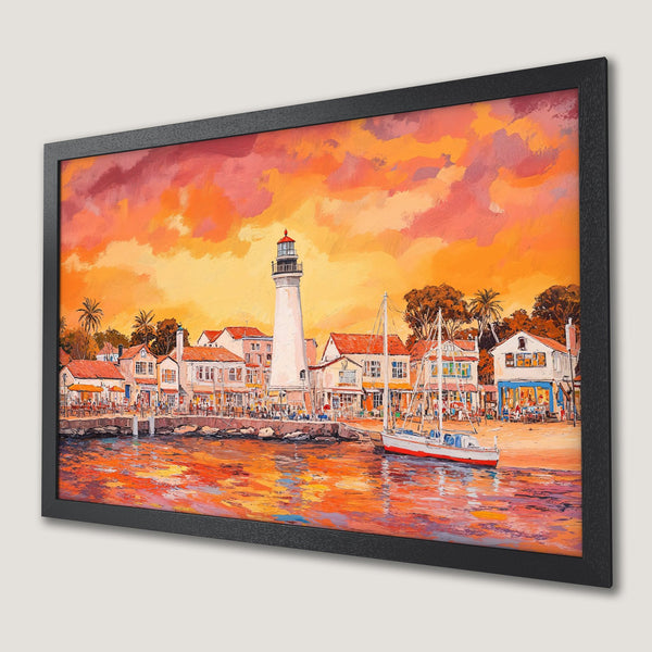 Framed Poster of a vibrant coastal scene with a lighthouse, boats, and warm orange and red hues. Perfect wall art!