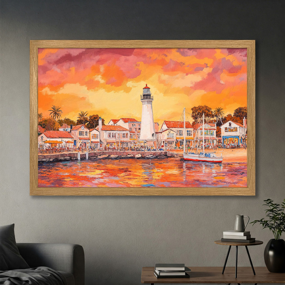 Framed Poster of a coastal scene with a lighthouse, painted in a vibrant, impressionistic style with warm orange and red tones.