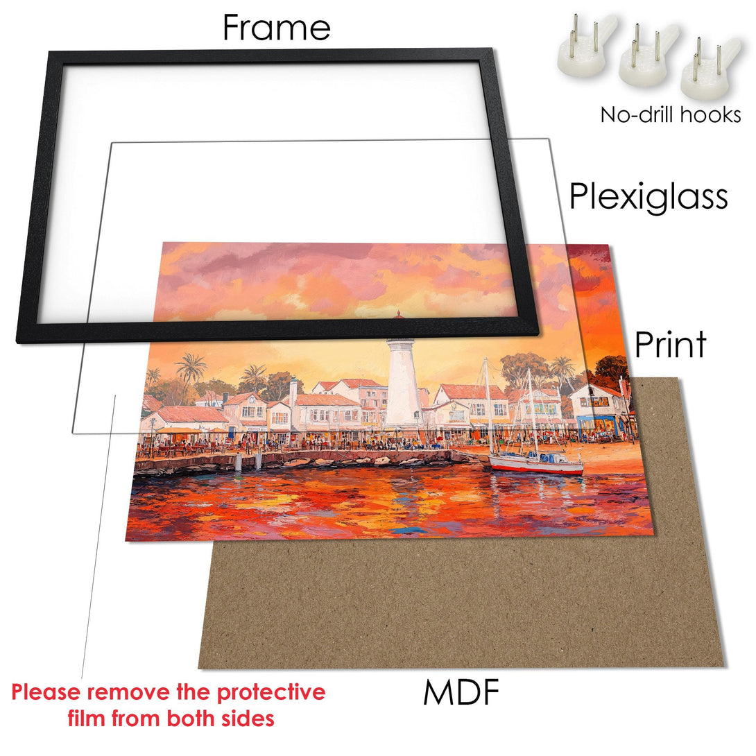 Framed Poster of a coastal scene with warm sunset colors. Featuring a lighthouse, boats and restaurants. Perfect wall art!