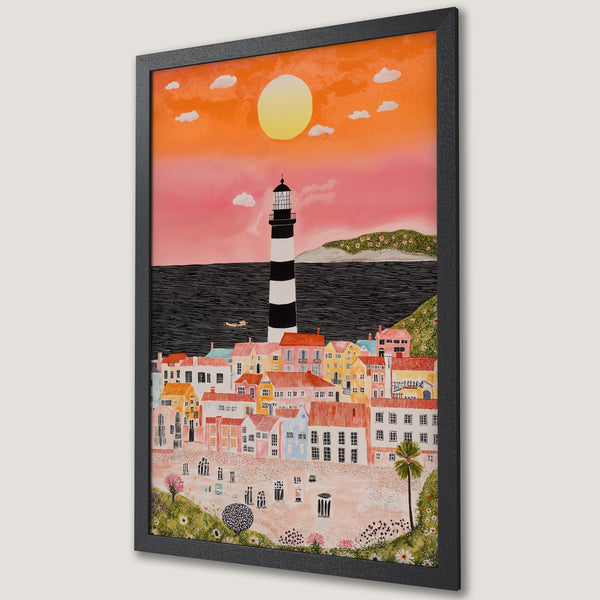 Framed Poster of coastal town art with lighthouse, sunset, and colorful buildings. Watercolor style, warm orange and pink palette.