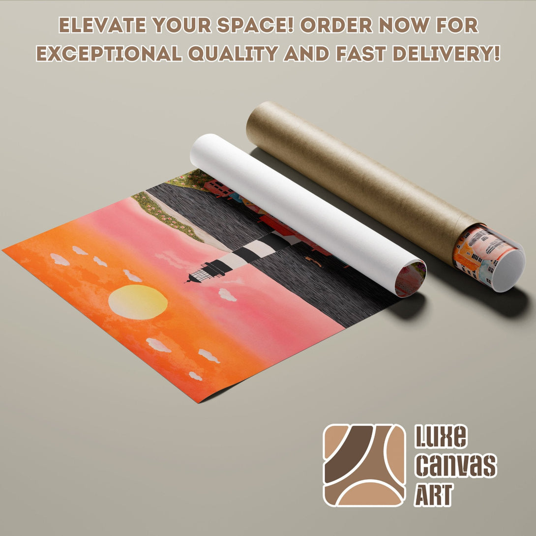 Lighthouse Poster Roll with sunset art. Vibrant orange and pink color palette. Elevate your home decor!