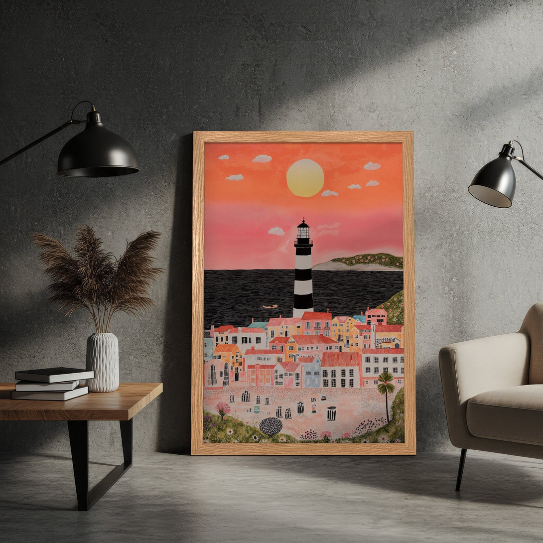 Framed Poster featuring a coastal town scene with a lighthouse, in a whimsical style with warm orange and pink hues.