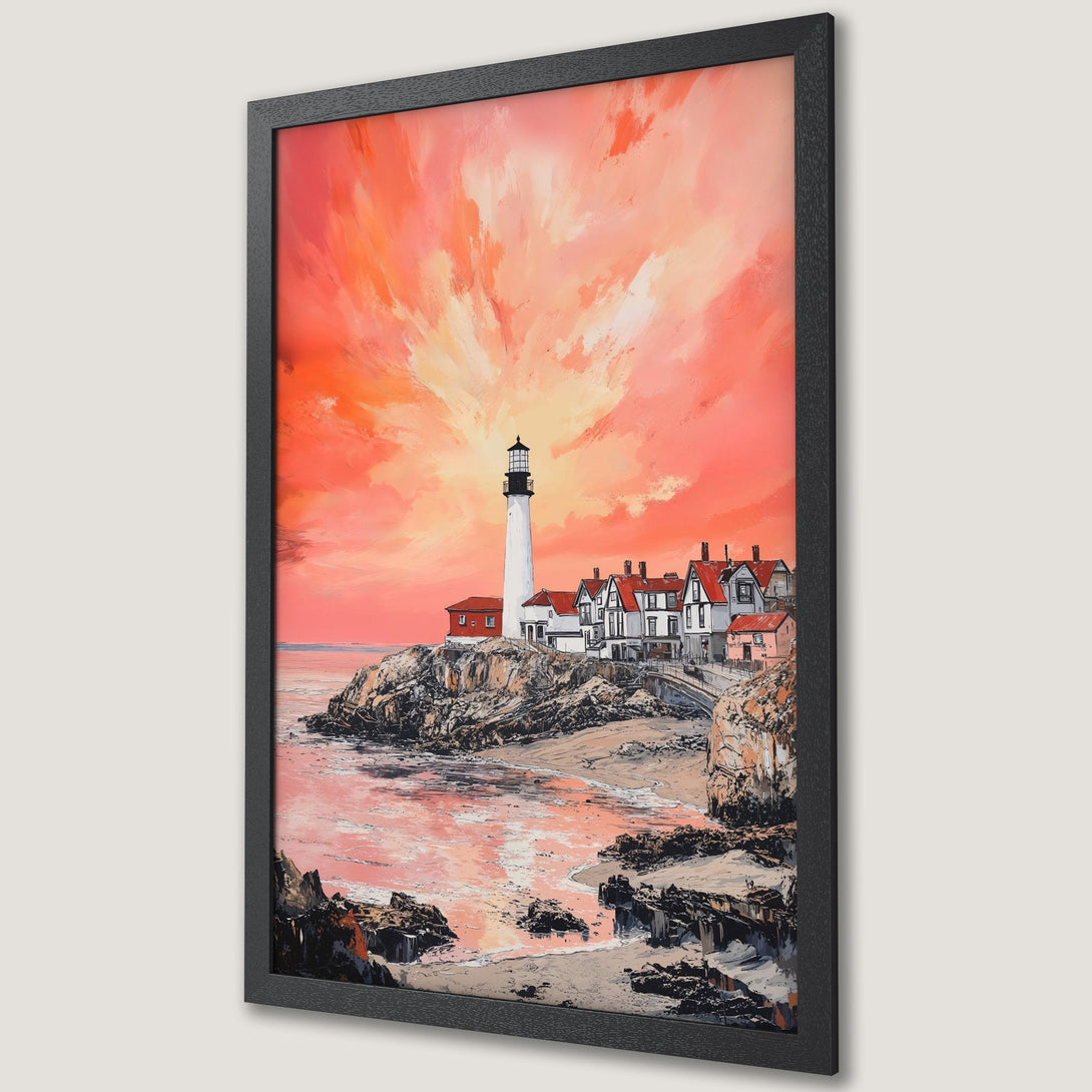 Framed Poster of a lighthouse painting in vibrant orange and red hues. Coastal art print in a modern style, perfect wall decor.