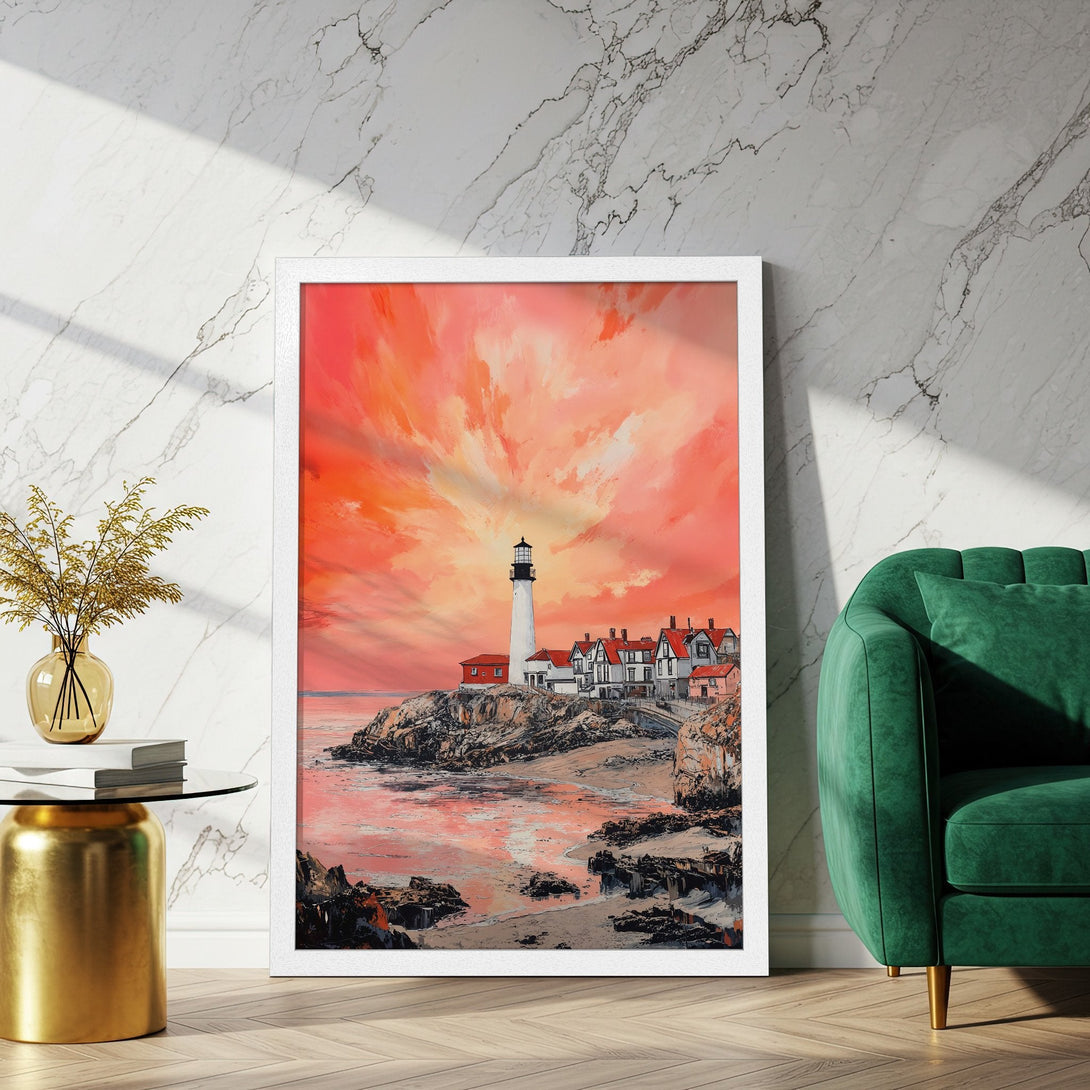 Framed Poster of a lighthouse at sunset. Coastal art print in warm orange and red tones. Perfect wall decor!