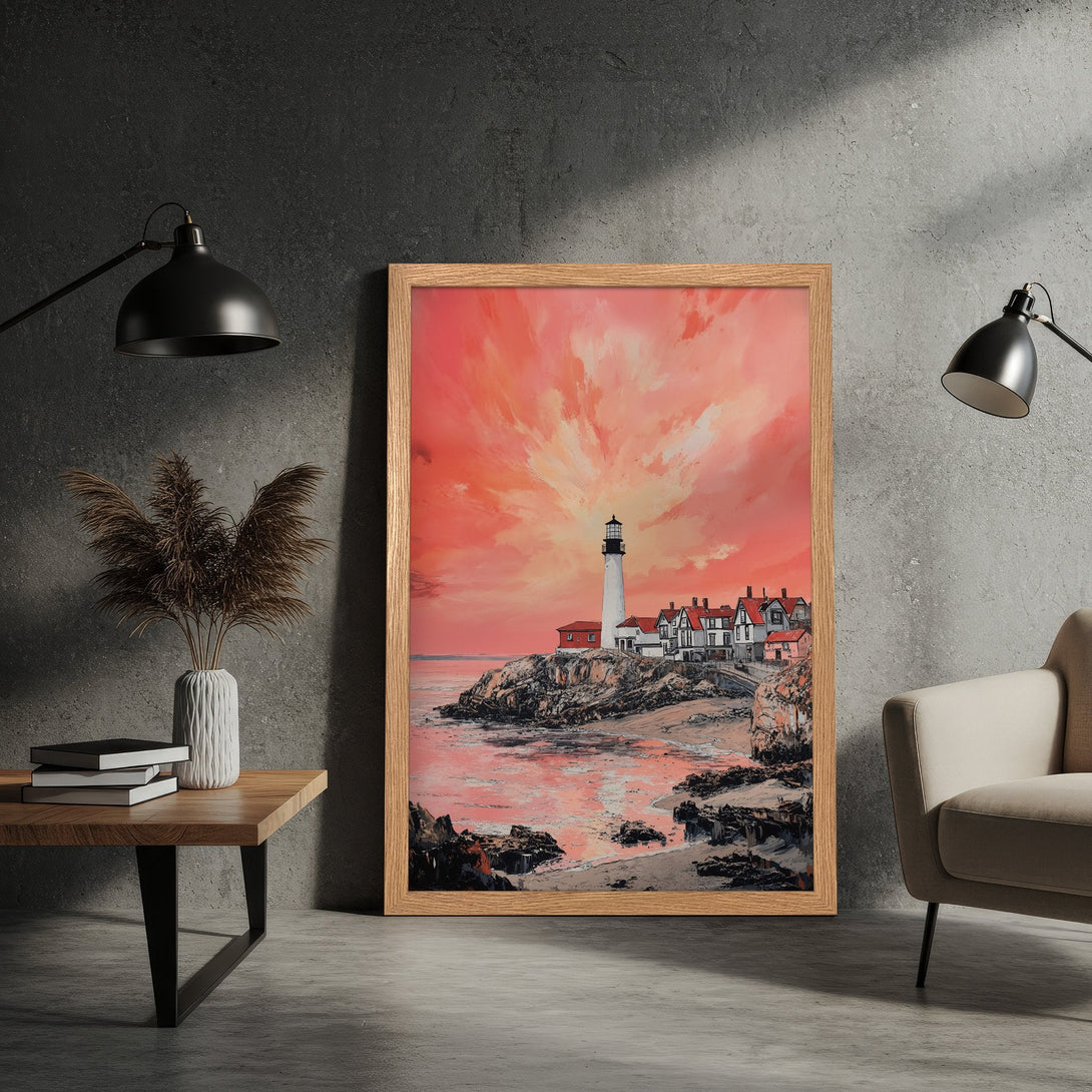 Framed Poster featuring a lighthouse scene with a warm, sunset color palette. Perfect wall art for your home!