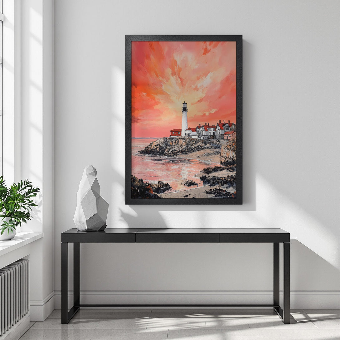 Framed Poster featuring a lighthouse at sunset, impressionist style, warm orange and red color palette. Add coastal charm to your space!