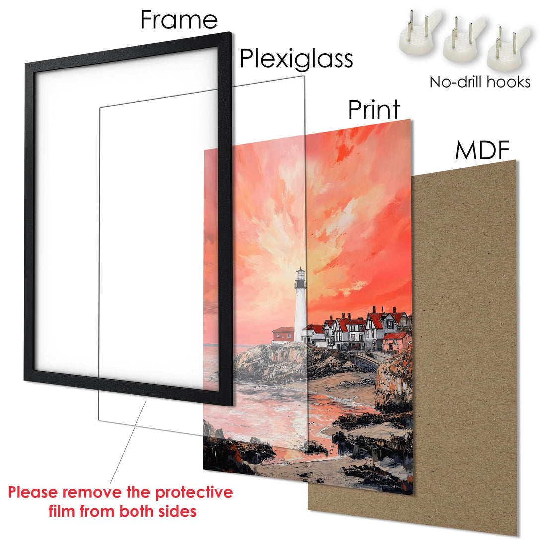 Framed Poster featuring a lighthouse landscape in warm red and orange tones. Perfect wall art for your home!
