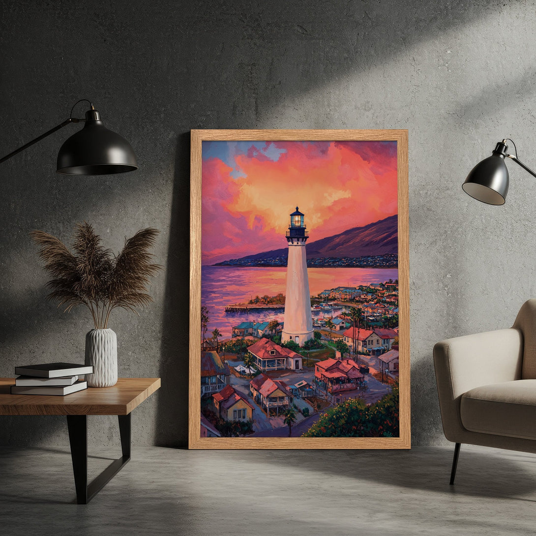 Framed Poster featuring a lighthouse at sunset. Coastal art print in a vibrant, warm color palette. Perfect wall decor.