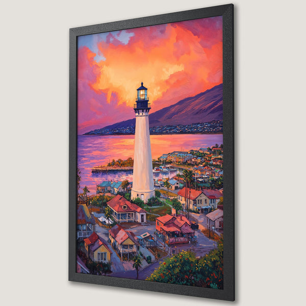 Framed Poster of a lighthouse at sunset. Impressionistic style with vibrant orange, purple, and blue hues. Perfect wall art for coastal decor.