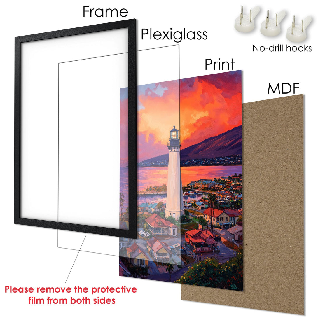 Framed Poster featuring a lighthouse and coastal town, vibrant sunset colors, and impressionistic style. Ready to hang!