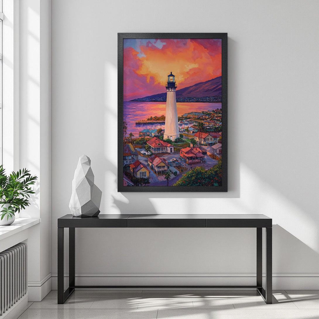 Framed Poster of a lighthouse at sunset. Coastal art in vibrant orange, purple, and blue hues. Perfect for home decor.