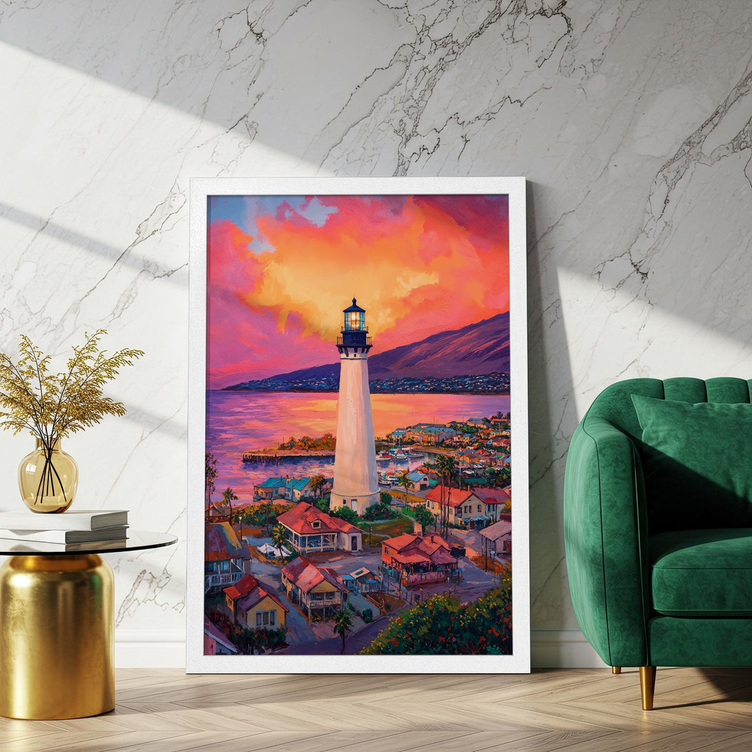 Framed Poster featuring a lighthouse at sunset. Impressionistic style with vibrant pink, orange, and purple hues. Perfect wall art!