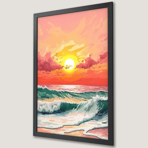 Framed Poster of a sunset over ocean waves, vibrant art style, warm orange and teal color palette. Perfect wall decor.