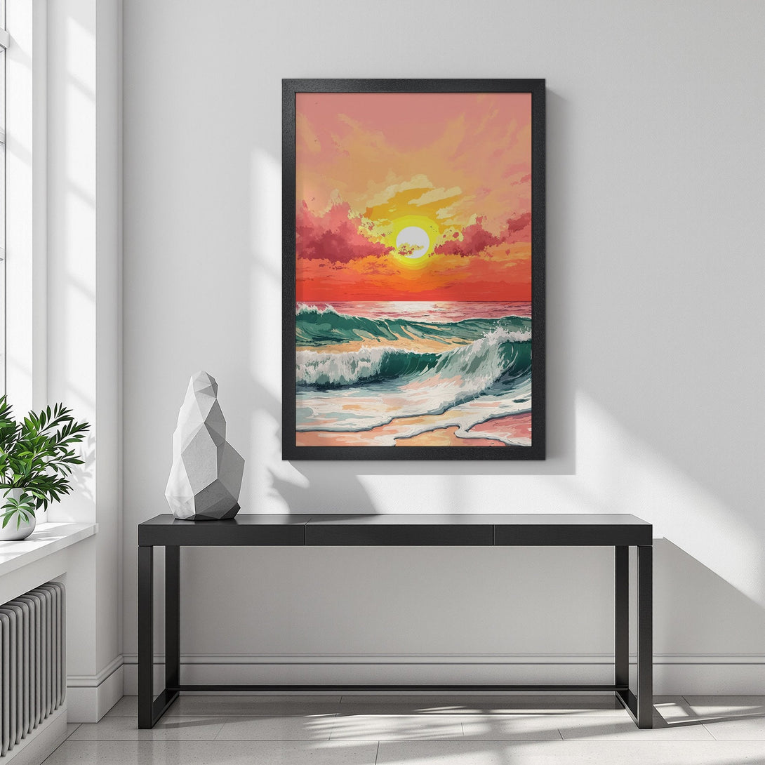 Framed Poster featuring a vibrant sunset over the ocean. Coastal art in warm orange, pink, and teal tones, perfect for home decor.