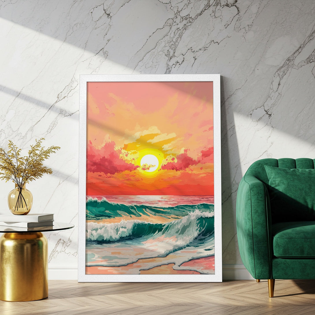 Framed Poster of a sunset over the ocean, vibrant colors and a dreamy, artistic style. Perfect wall art for your home!