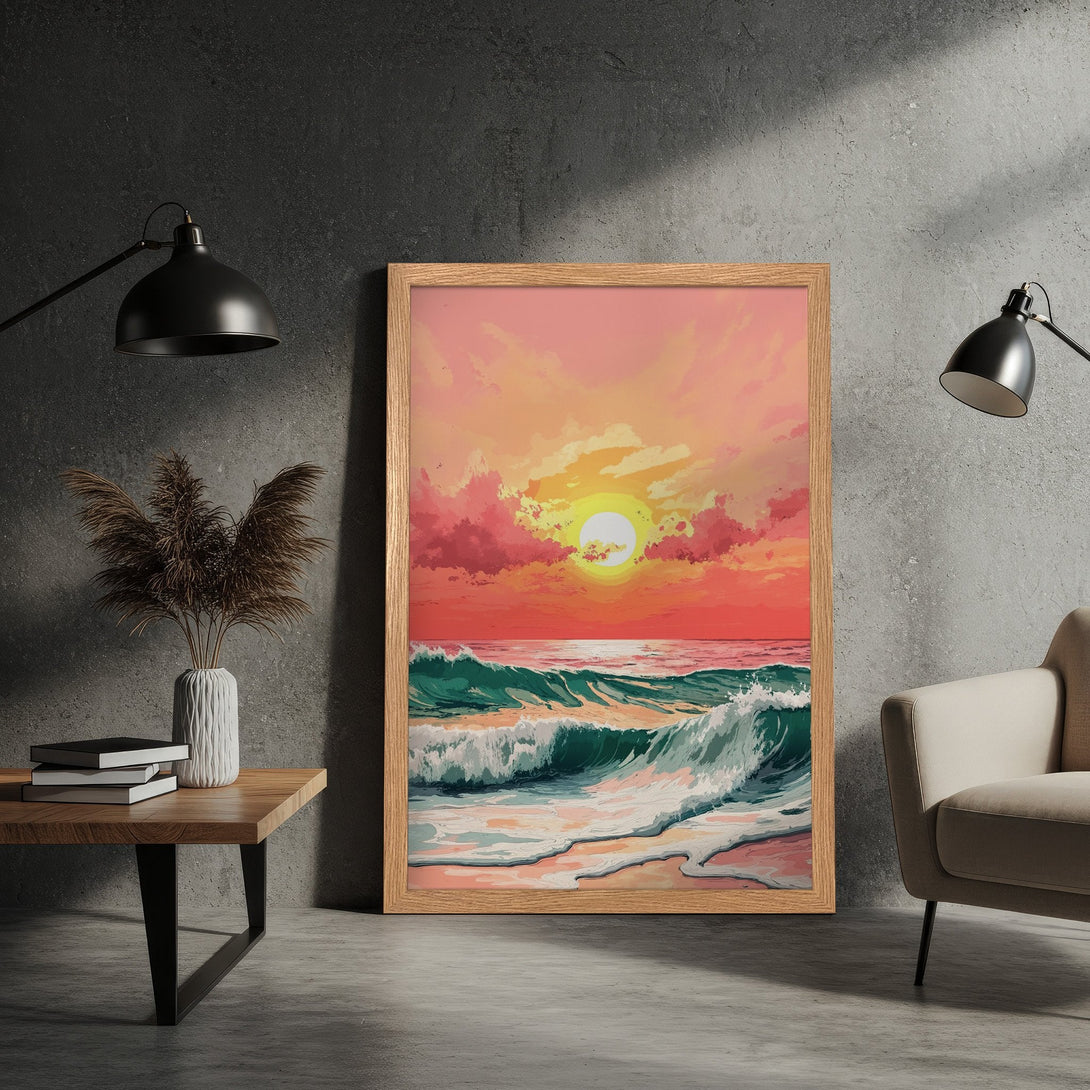 Framed Poster of a sunset over ocean waves. Artistic style with warm pink, orange, and teal color palette. Perfect wall art for your home.