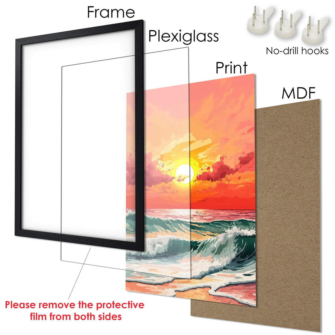 Framed Poster of a sunset over the ocean, vibrant colors, modern art style. Perfect wall decor!