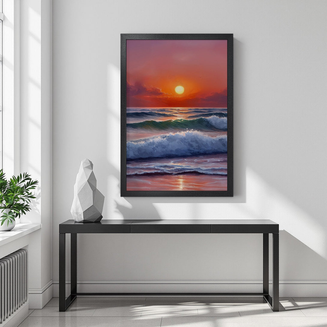 Framed Poster of a sunset over ocean waves, vibrant colors. Add coastal vibes to your space!