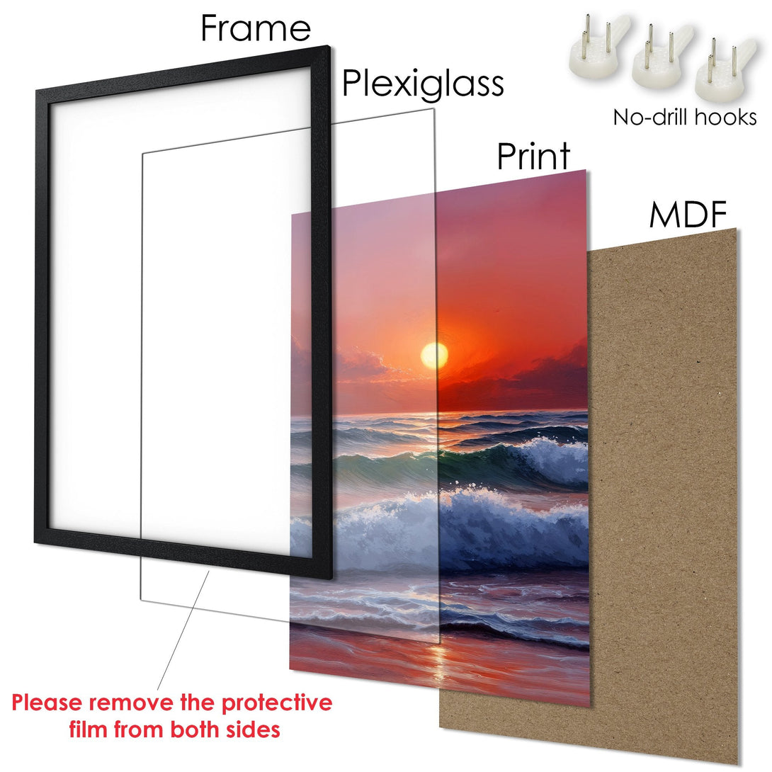 Framed Poster of a sunset over ocean waves. Artistic style, vibrant red and blue color palette. Perfect wall art!