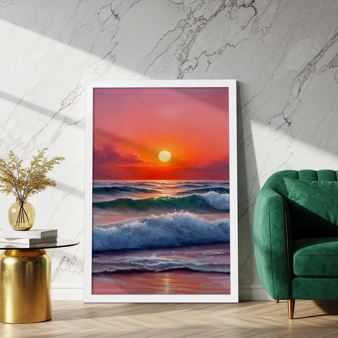 Framed Poster of a sunset over ocean waves, painted style, with a warm red, orange, and blue color palette. Perfect wall art!