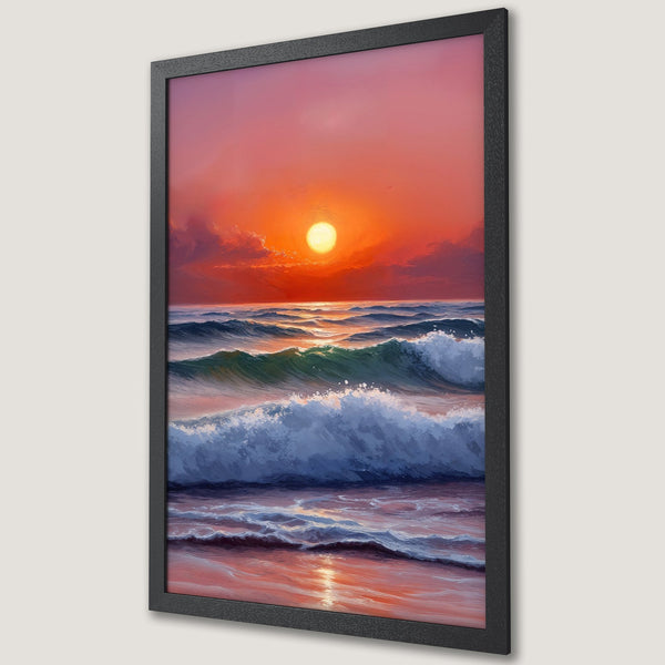 Framed Poster: Sunset over ocean waves. Artistic painting style with vibrant red, orange, and blue color palette. Perfect wall art for your home.