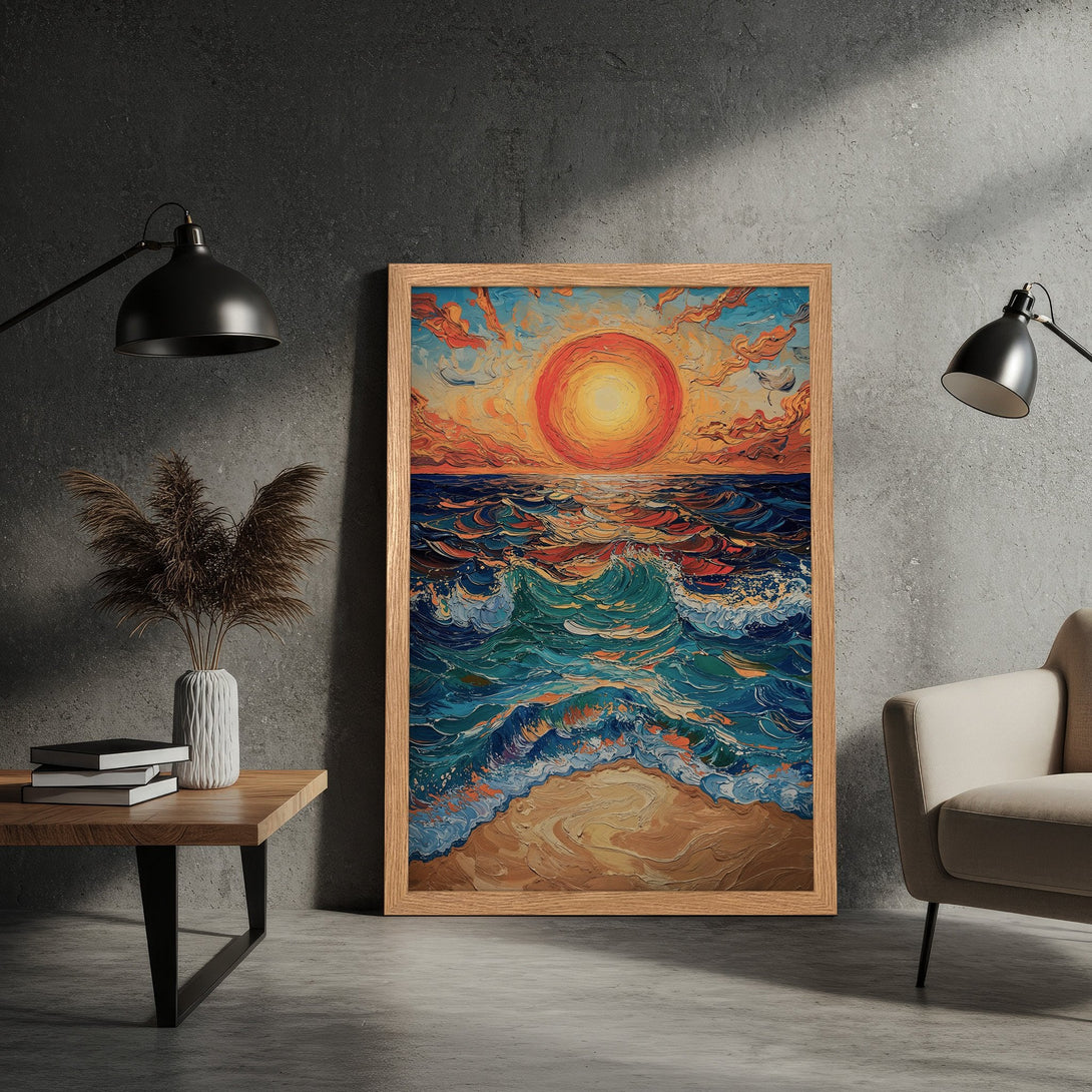 Framed Poster featuring a vibrant ocean sunset painting. Artistic style with warm orange, blue, and teal color palette. Perfect wall art!