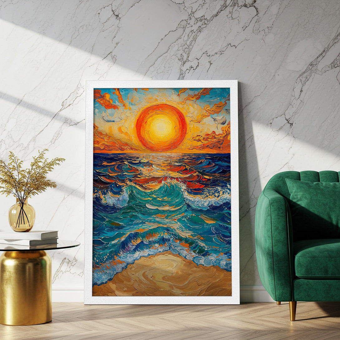 Framed Poster of a vibrant sunset over the ocean, impressionistic style, warm orange and cool blue color palette. Perfect wall art!