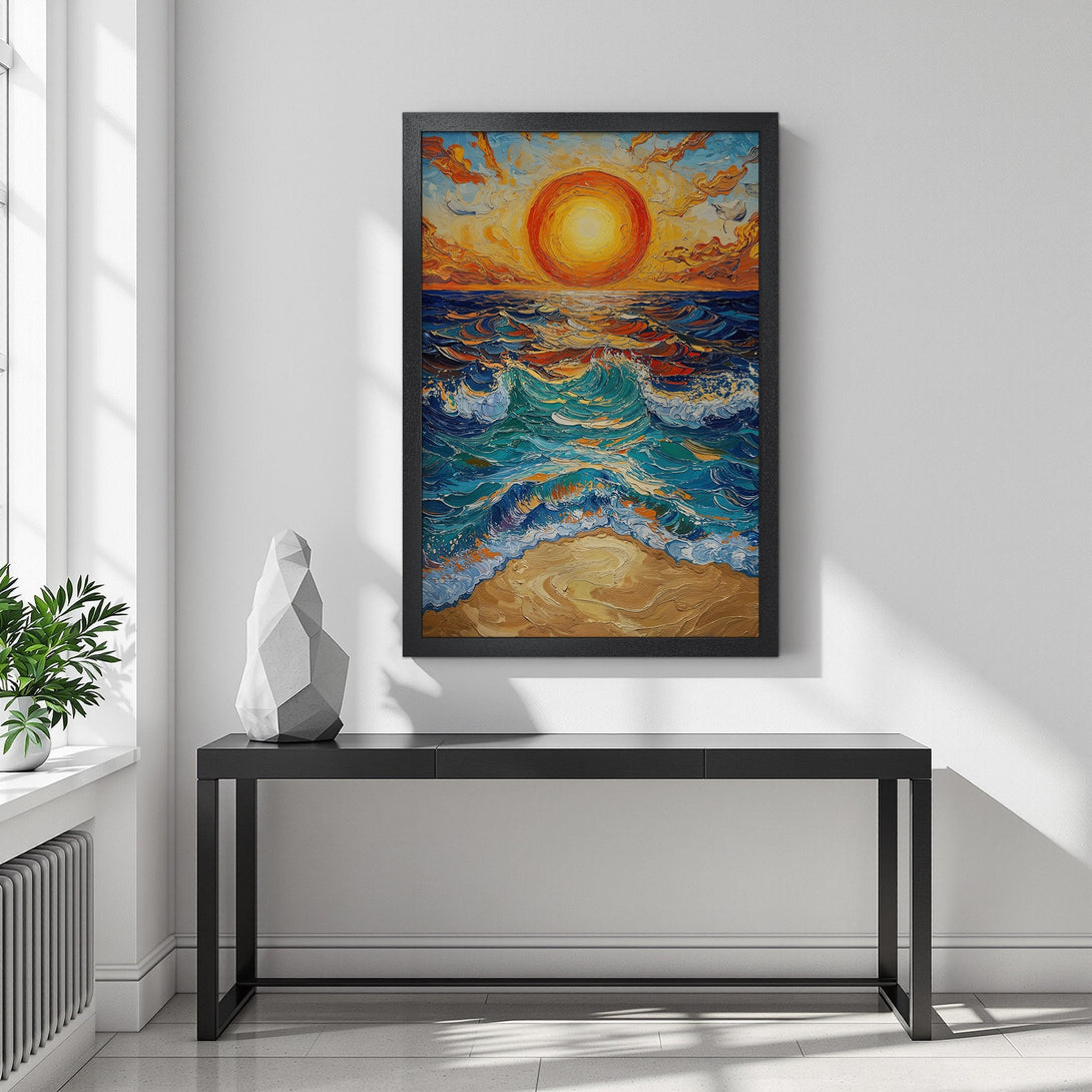 Framed Poster of a vibrant ocean sunset. Impressionistic style with warm orange, blue, and gold color palette. Perfect wall art for your home!
