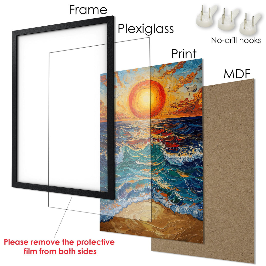 Framed Poster of a sunset over the ocean, vibrant colors. Textured, impressionistic style, warm orange and blue palette. Ready to hang!