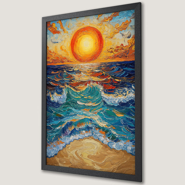 Framed Poster of a vibrant ocean sunset in impasto style. Warm orange, yellow, and blue color palette. Perfect wall art for your home.