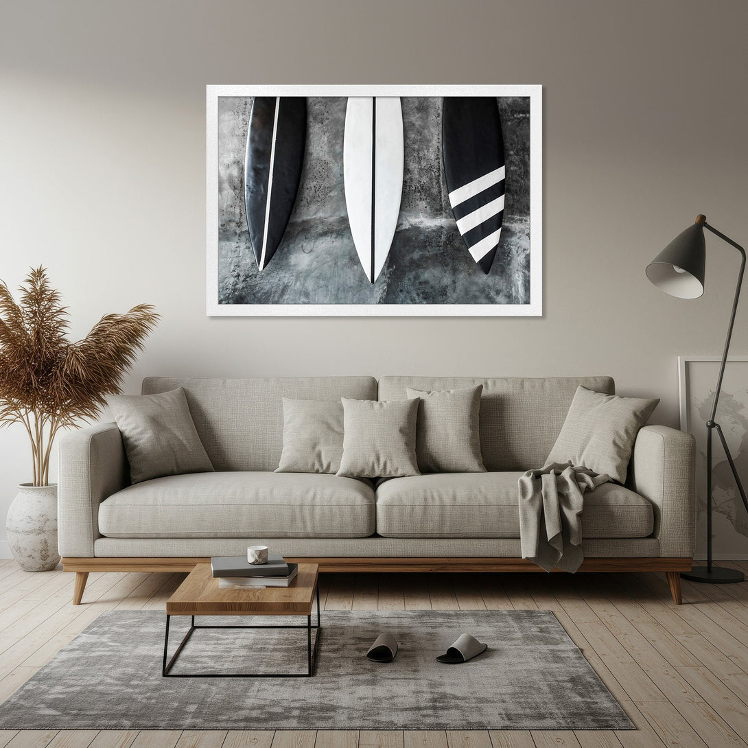Framed Poster featuring surfboards, modern style, black and white with neutral tones. Elevate your space with this stylish artwork!