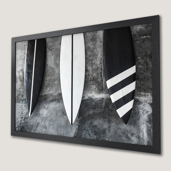 Framed Poster featuring surfboards in black and white, modern style, on a gray concrete background. Perfect wall art!