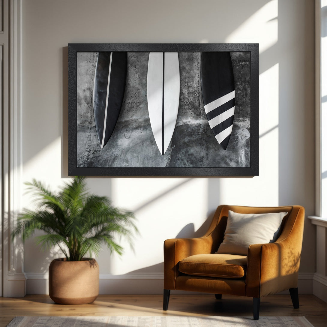 Framed Poster featuring surfboards in black & white, modern style. Perfect wall art for a coastal vibe.