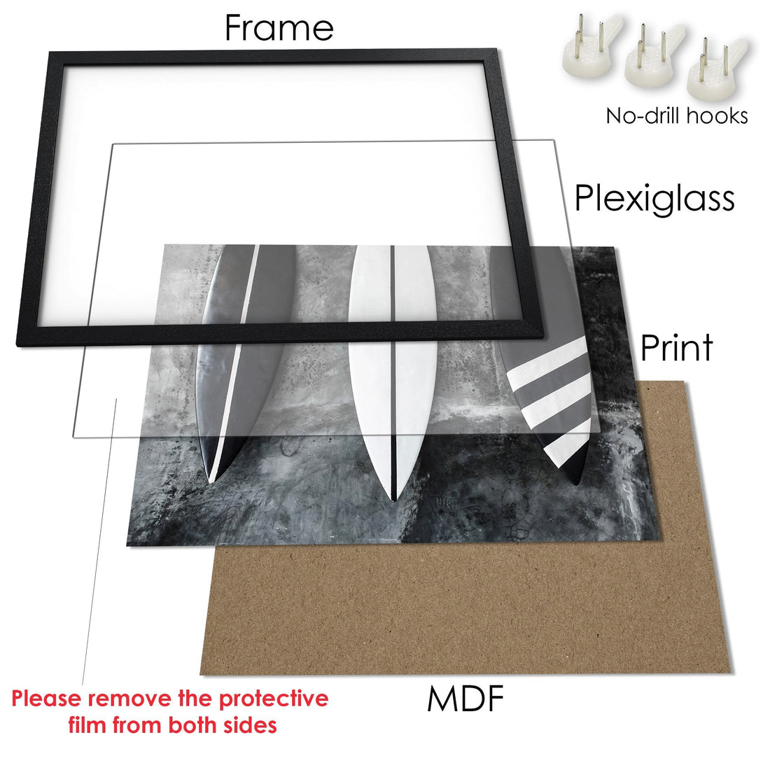 Framed Poster featuring surfboards in a modern grayscale style. Perfect wall art for a minimalist home.