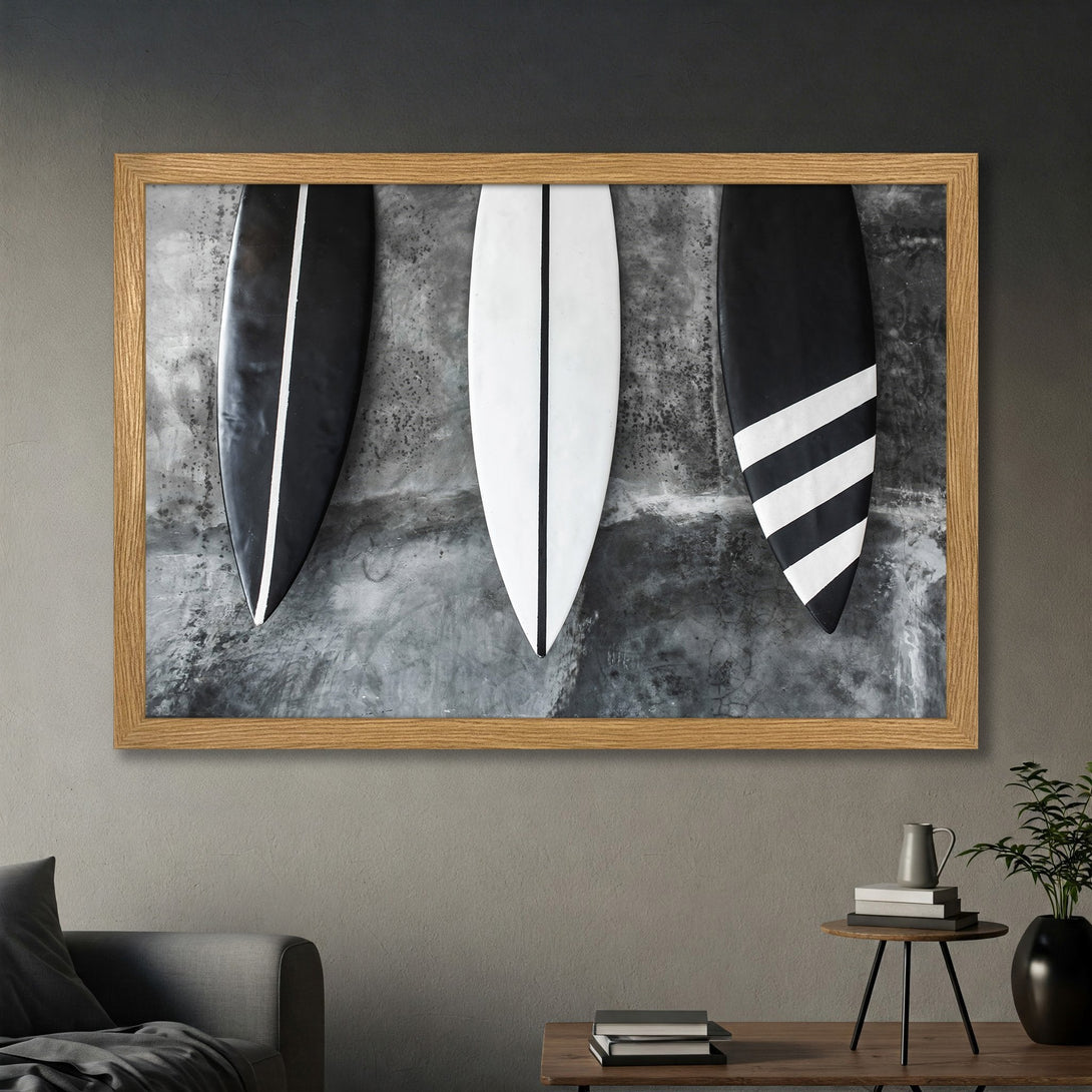Framed Poster featuring surfboards. Modern, minimalist design in black, white, and gray. Perfect wall art for a coastal vibe.