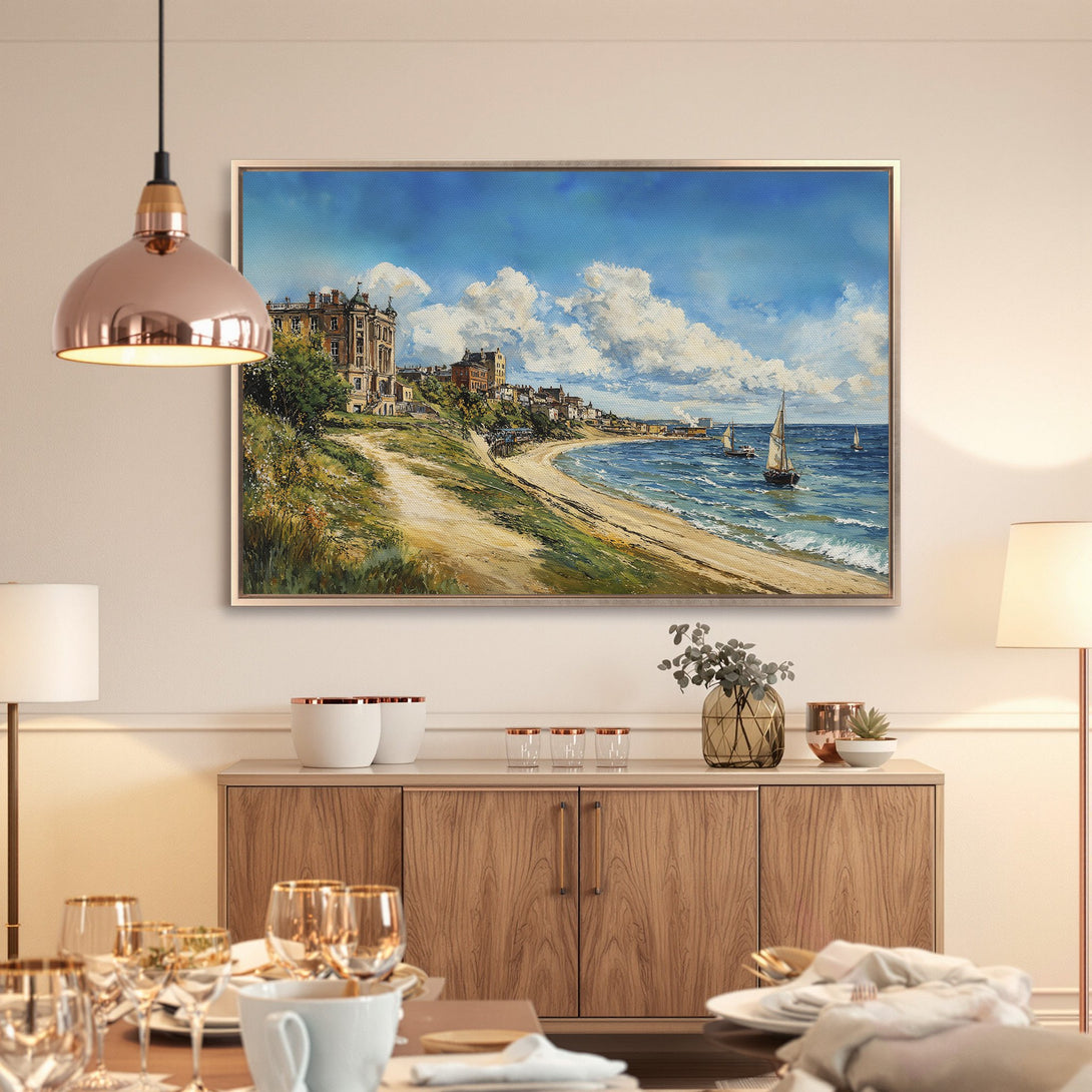 Framed Wall Art: Coastal landscape Canvas Print with blue sky, sailboats, and beach. Perfect for adding a touch of elegance to your living room.