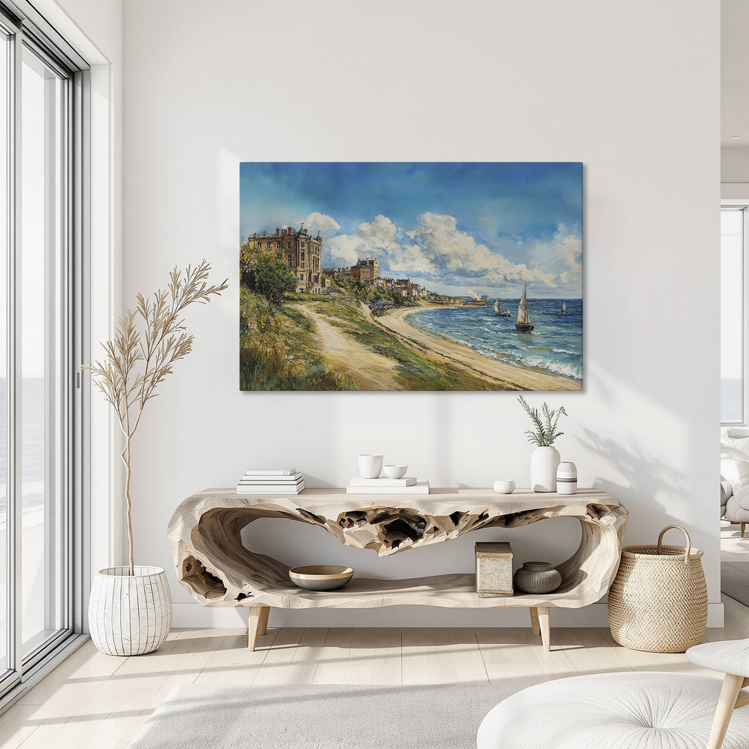 Framed Wall Art: Coastal landscape Canvas Print with blue, beige, and gold hues. Classic art style, perfect for adding a touch of elegance to your home decor.