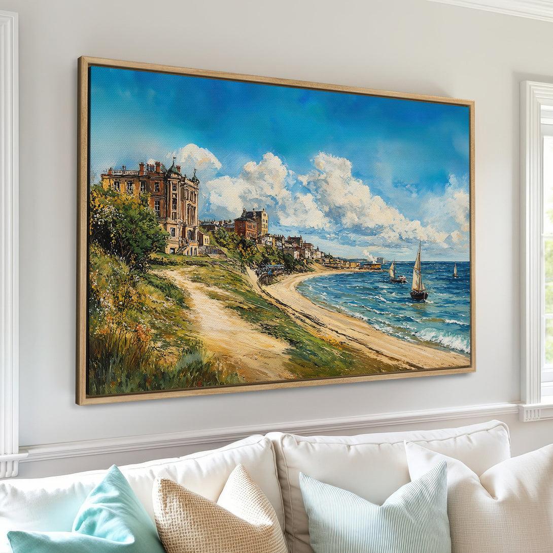 Framed Wall Art Canvas Print of a seaside landscape painting with a blue, yellow, and green color palette. Perfect for coastal decor.