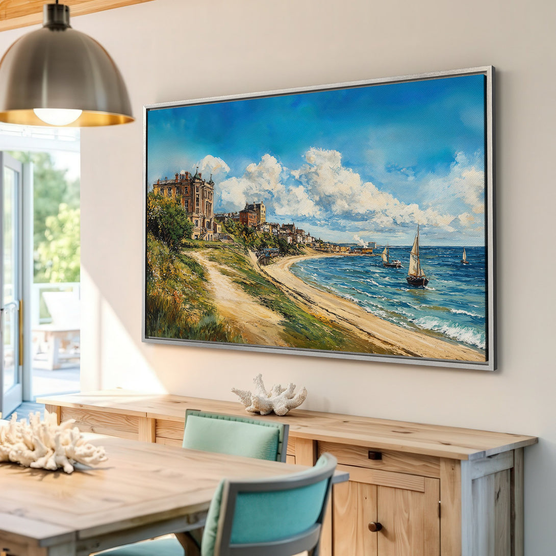Framed Wall Art: Coastal landscape Canvas Print with blue, gold, and green hues. Classic oil painting style of a seaside town and sailboats. Perfect home decor.