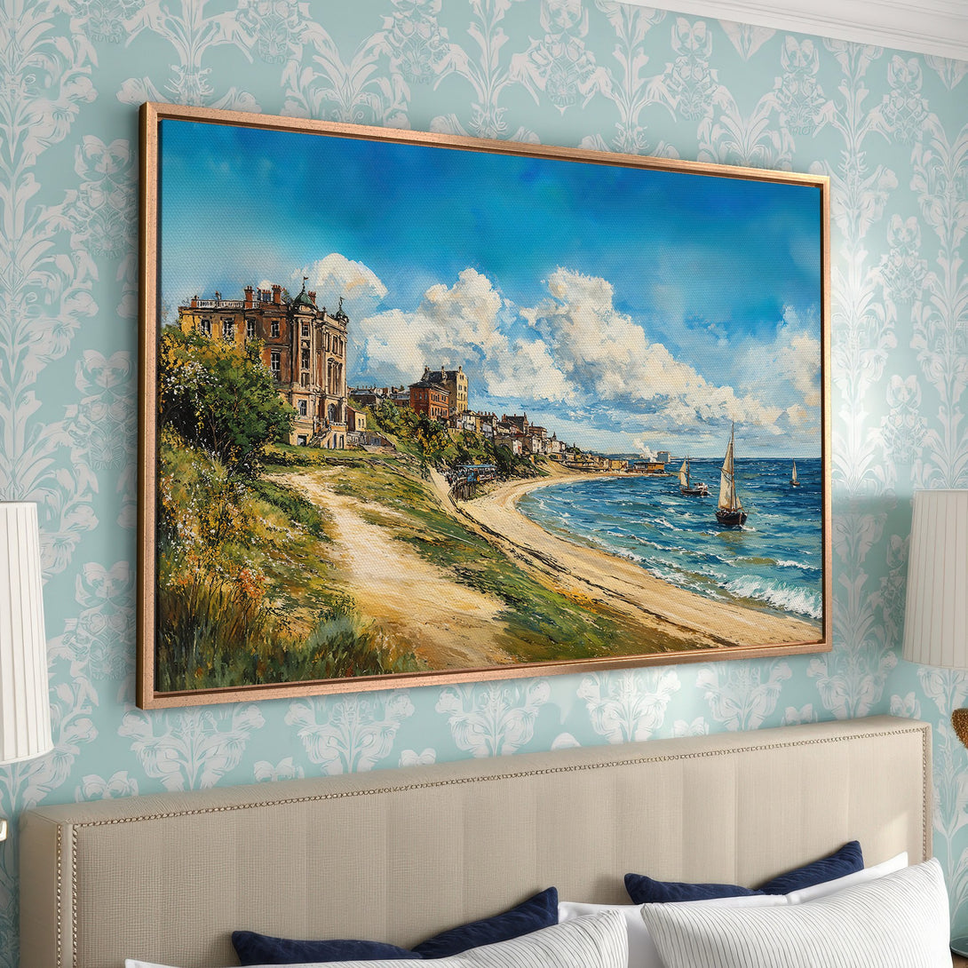 Framed Wall Art: Coastal landscape Canvas Print with a classic, impressionistic style. Features a blue, beige, and green color palette, perfect for any room.