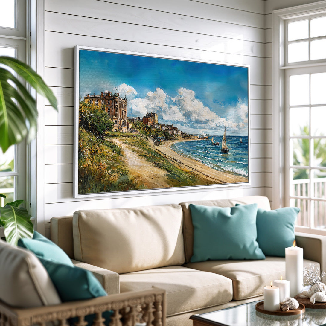 Framed Wall Art: Coastal landscape Canvas Print with blue, beige, and brown hues. Perfect for adding a touch of elegance to your living room.