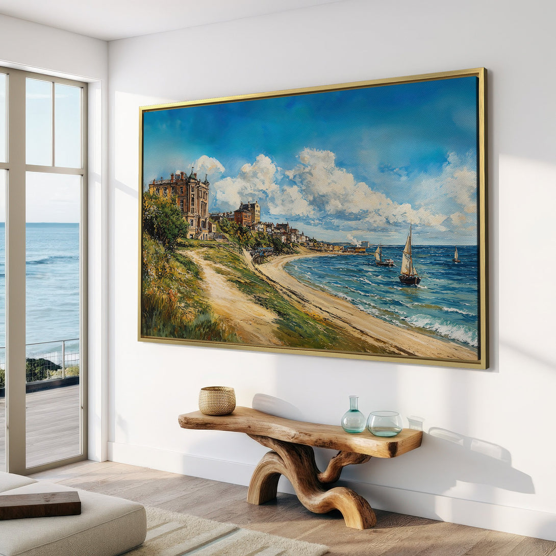 Canvas Print of a coastal landscape painting in a bright interior. Features blue, beige, and green hues. Perfect for adding a touch of serenity to your home.
