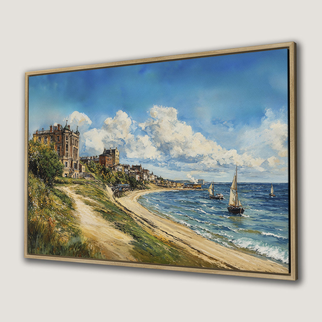 Framed Wall Art: Coastal landscape Canvas Print featuring a beach, sailboats, and buildings. Classic painting style with blue, beige, and green color palette.