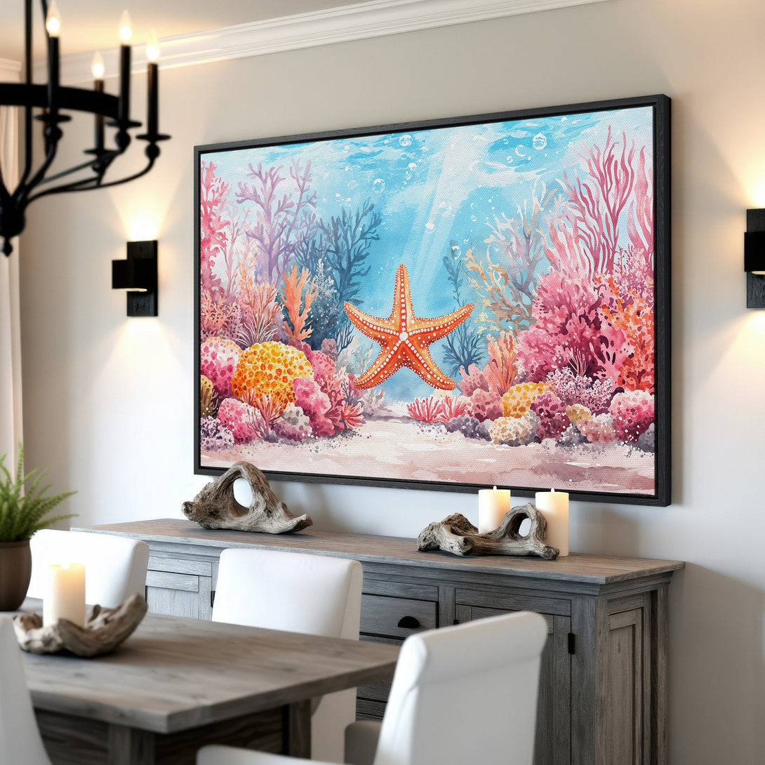 Framed Wall Art: Watercolor starfish & coral reef in vibrant pinks, blues, & oranges. Coastal decor, perfect for adding a splash of color to any room.