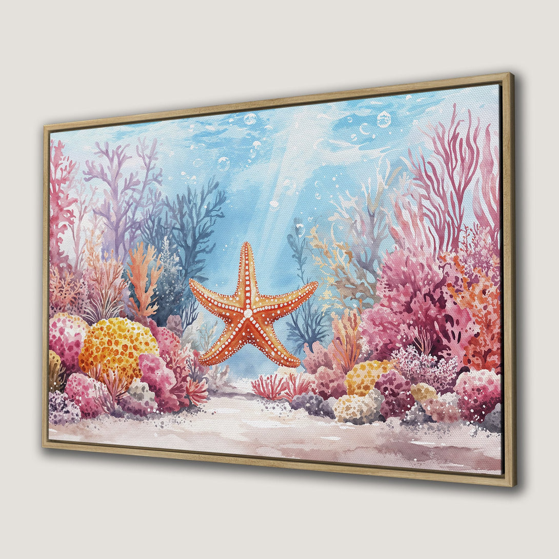 Framed Wall Art: Watercolor starfish and coral reef scene in vibrant pinks, oranges, and blues. Coastal decor for a serene living space.