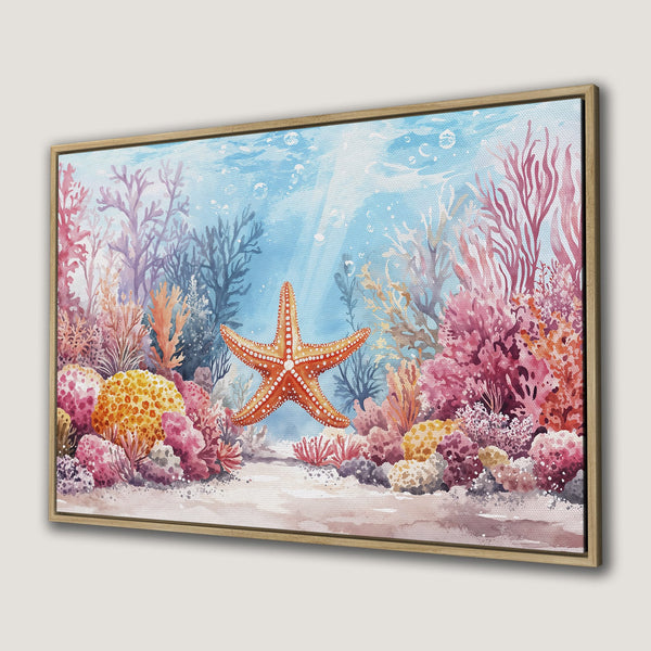 Framed Wall Art: Watercolor starfish and coral reef scene in vibrant pinks, oranges, and blues. Coastal decor for a serene living space.