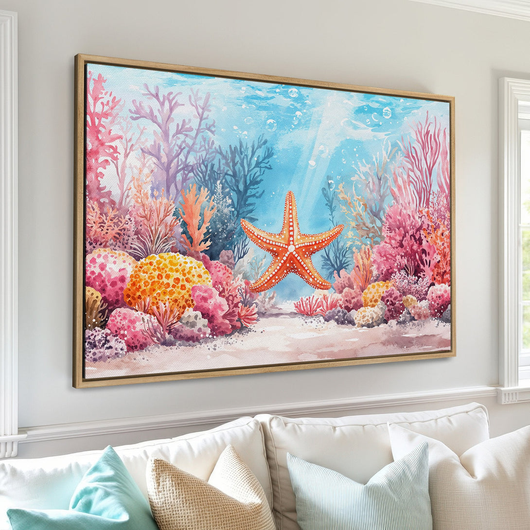 Framed Wall Art: Watercolor starfish & coral reef scene. Coastal decor with vibrant pink, orange, and blue hues. Perfect for beach house or nautical themed rooms.