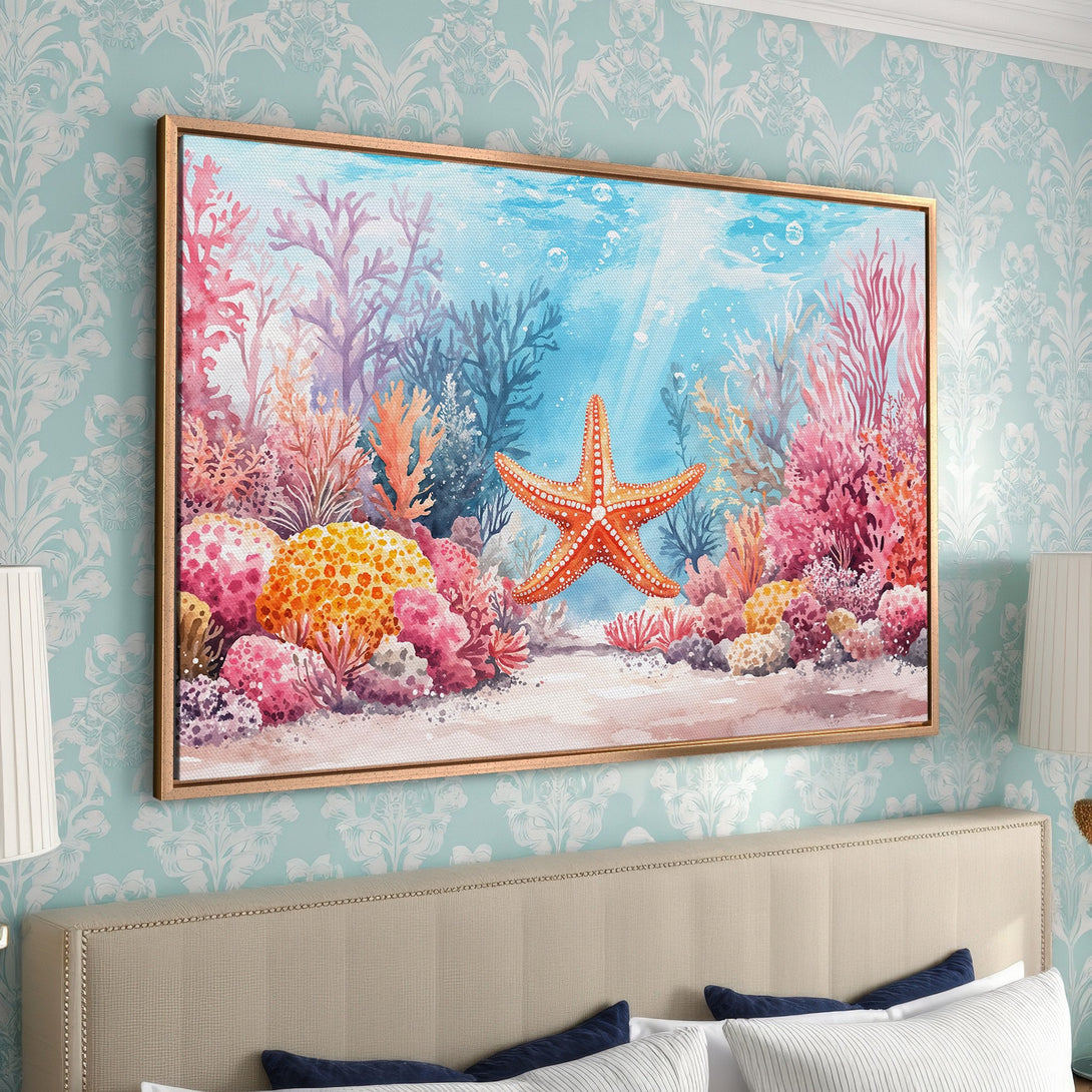 Framed Wall Art: Watercolor starfish & coral reef print in vibrant pinks, oranges, and blues. Coastal decor for a serene bedroom.