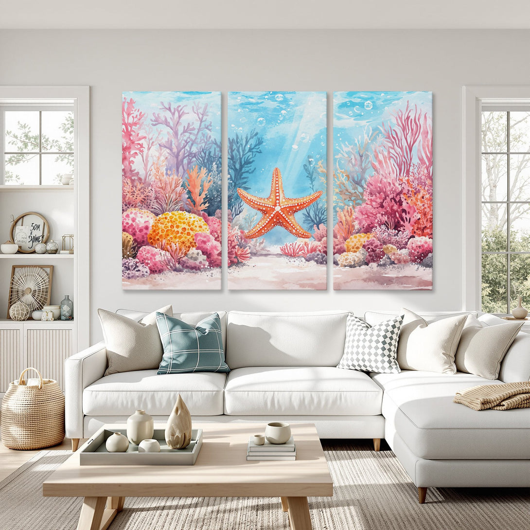 Canvas Print of a vibrant watercolor starfish and coral reef scene. Coastal style art with a colorful pink, orange, and blue palette.